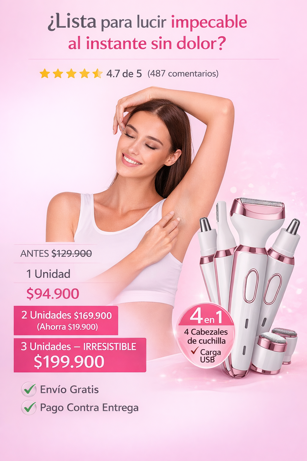 Piel suave en minutos sin dolor Depiladora 4 en 1 para rostro y cuerpo